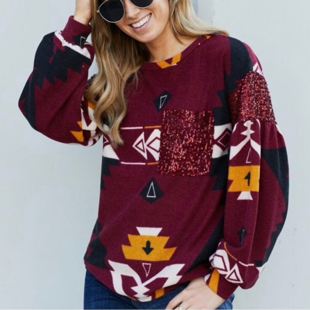 Stylish Burgundy Geometric Women's Sweatshirt